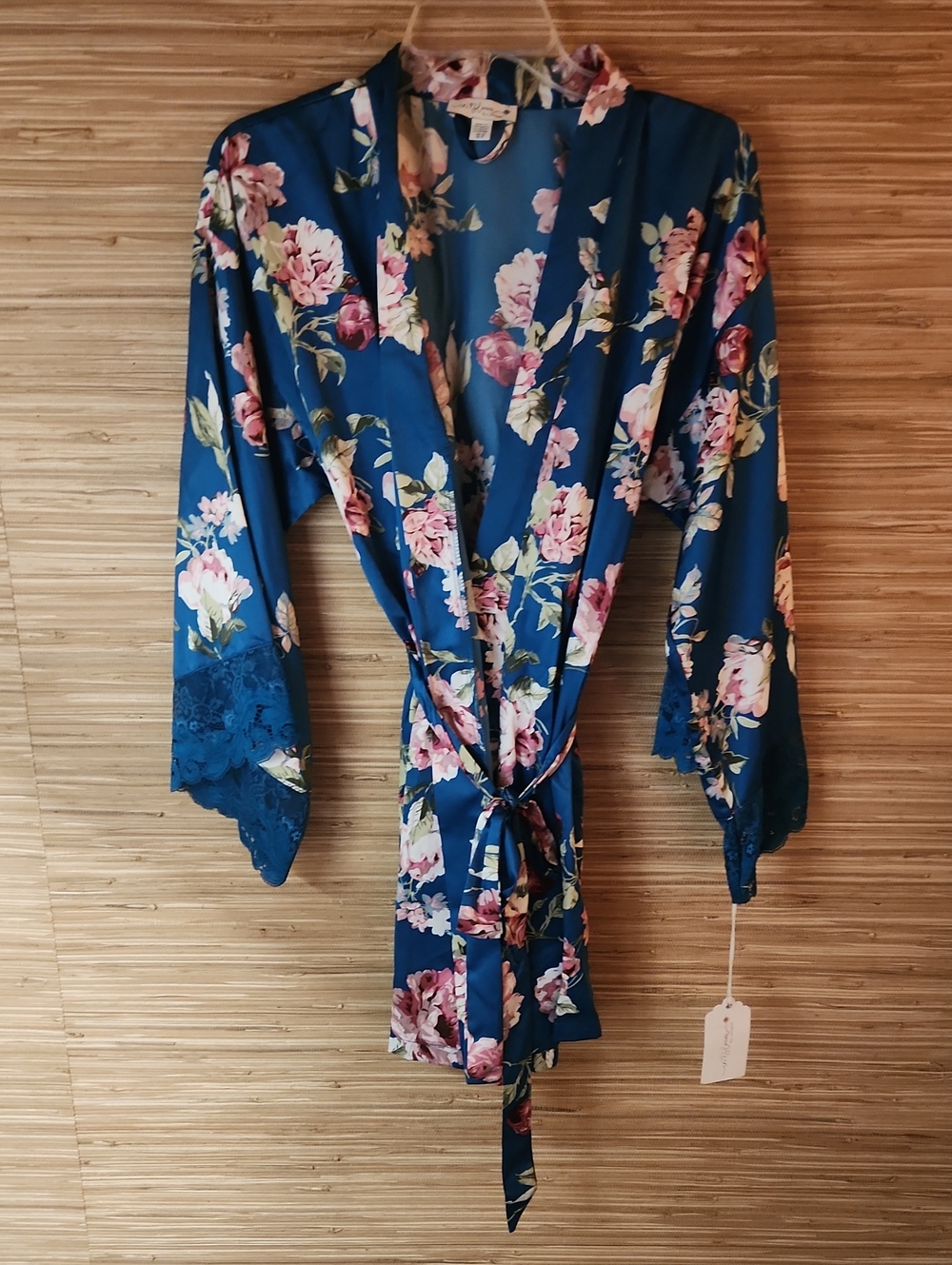 In Bloom Floral Satin Wrap Robe in Navy with Pink Roses XS/S Nwt